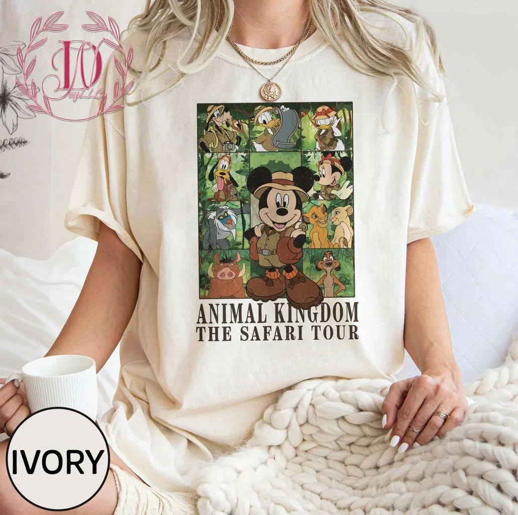 Vintage Mickey y sus amigos Disney Animal Kingdom The Safari Tour Camisa de colores cómodos, El Rey León Simba Timon Pumba