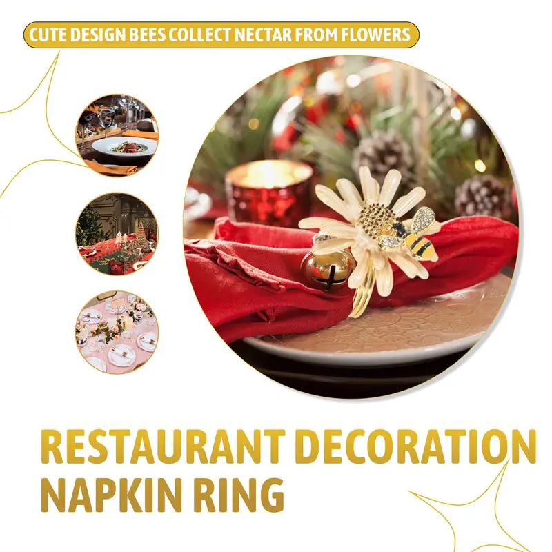BHTS-Set Of 6 Daisy Sunflower Napkin Rings, Gold Bee Napkin Ring Holders For Formal Or Casual Dinning Table Decor