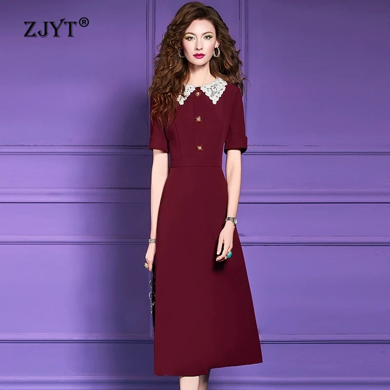 

ZJYT Women Elegant Summer Short Sleeve Midi Dress Lace Collar Red Simple Aline Office Party Dresses Plus Size Female Clothing