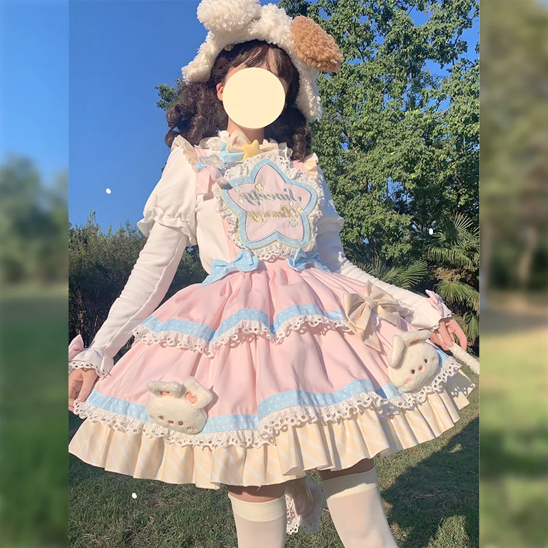 Original Cute Rabbit Sweet Lolita Strap Skirt Lace Ruffle Autumn/Winter Plush Dress Milk White Bottom Shirt Top Lolita Set Women