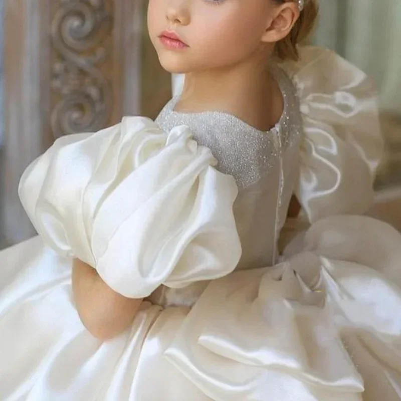 Customized Luxury Shinny Temperament Junior Bridesmaid Dresses O-Neck Puff Sleeve Flower Girl Dress Ball Gown Princess Girls Bir