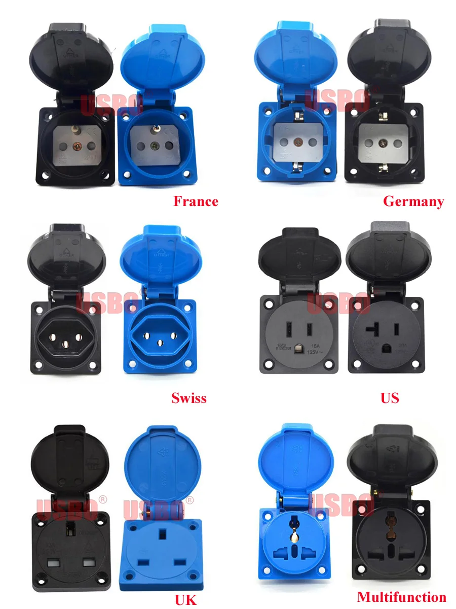 1PCS Black Blue 2P+E Multifunction China US UK Australia New Zealand EU Germany France Swiss Brazil Industrial Waterproof Socket