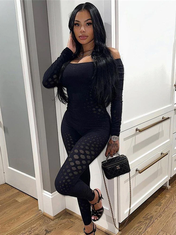 Sibybo Slim-fit Jumpsuit For Sexy Women Knitted Long Sleeve See-through Cutout One-piece Pants Summer Outfits For Women 2023