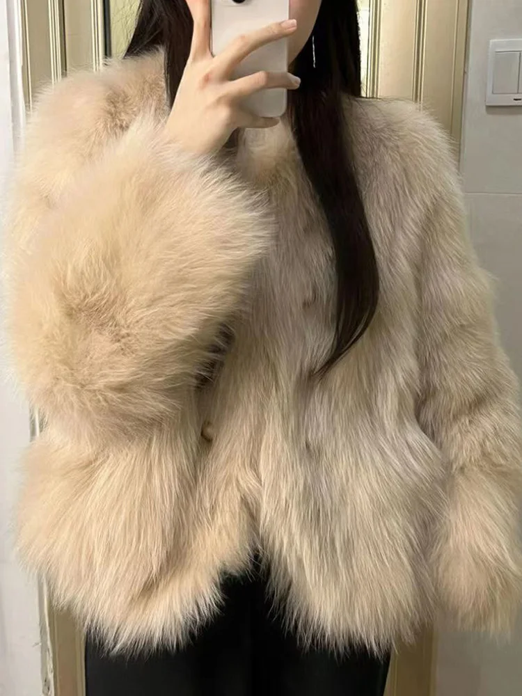 Nepbont Vrouwen Elegante Jas Winter Mode Lange Mouw Warme Jas Koreaanse Faux Vos O Hals Vrouwelijke Zoete Effen Chic Uitloper Tops