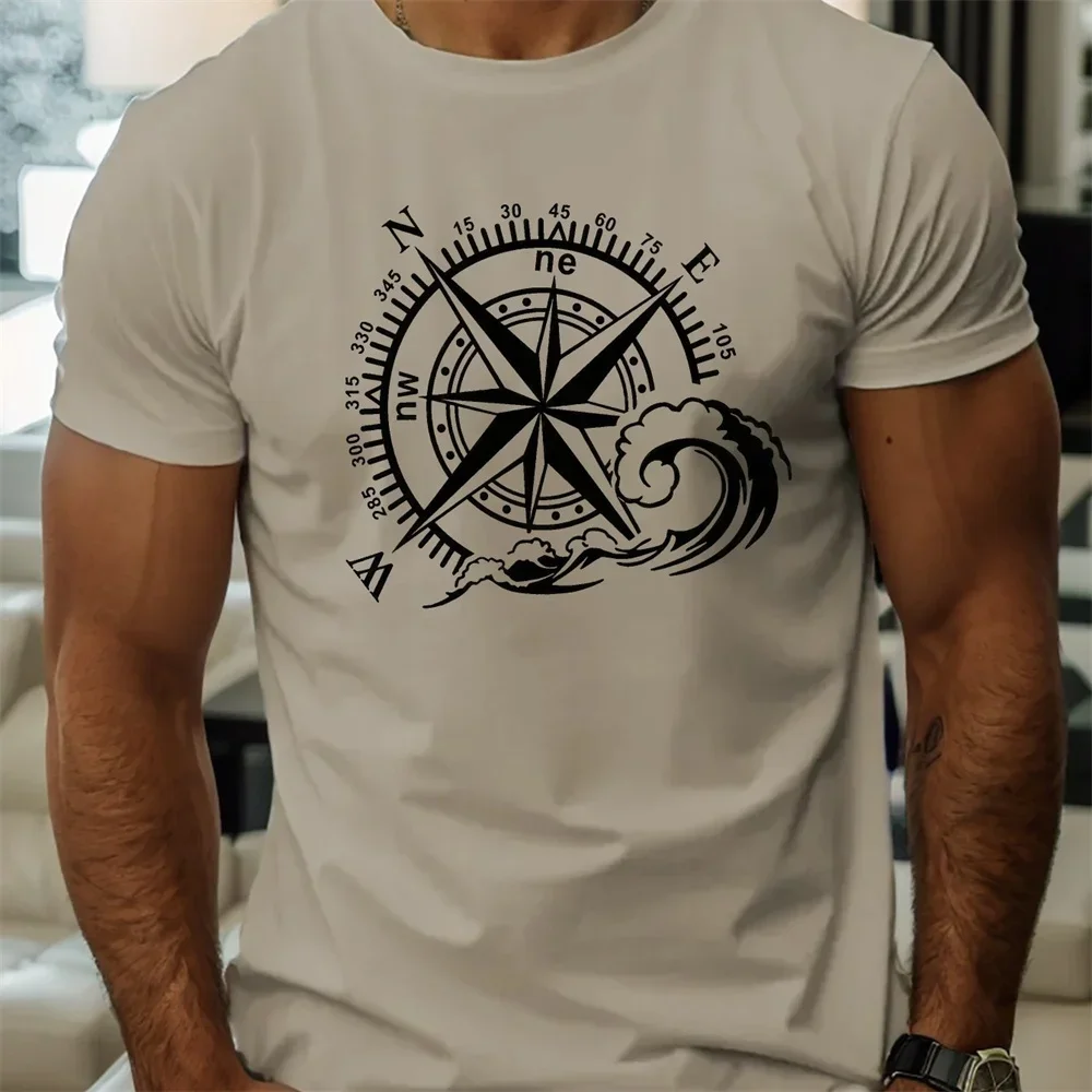 

2024 Vintage Nautical Compass Men's Summer Casual Fashion Graphic Print 3D T-Shirt Round Neck Short Sleeve Streetwear Top