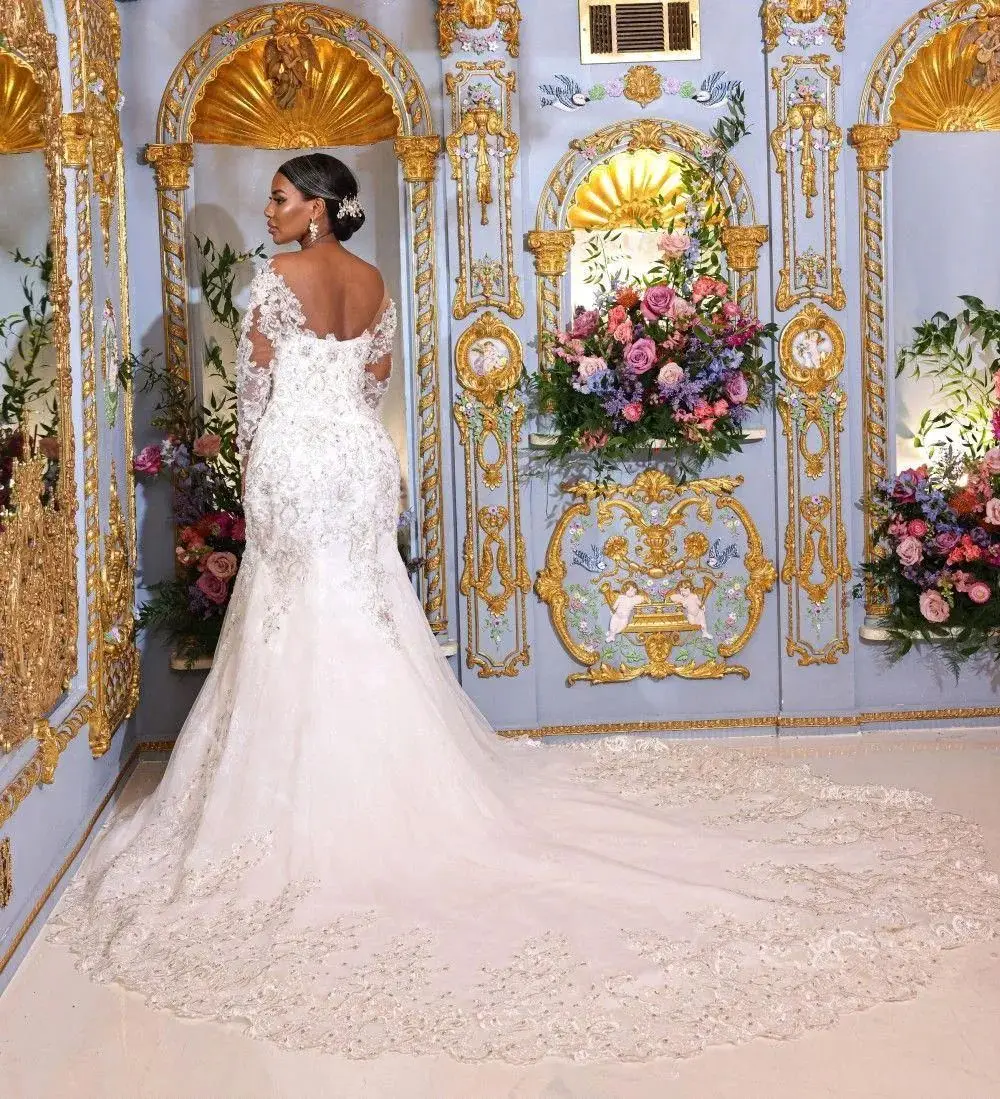 Customized Mermaid Wedding Dresses Beaded Lace Appliques Long Sleeves Arabic Bridal Gowns Court Train Ivory Backless