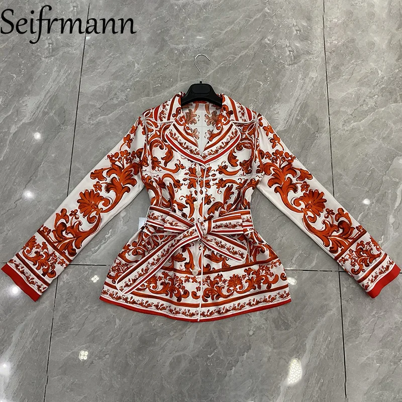 Seifrmann Casual printed silk two-piece lapel long-sleeved loose top elastic waist trousers set 2026 autumn women's new style