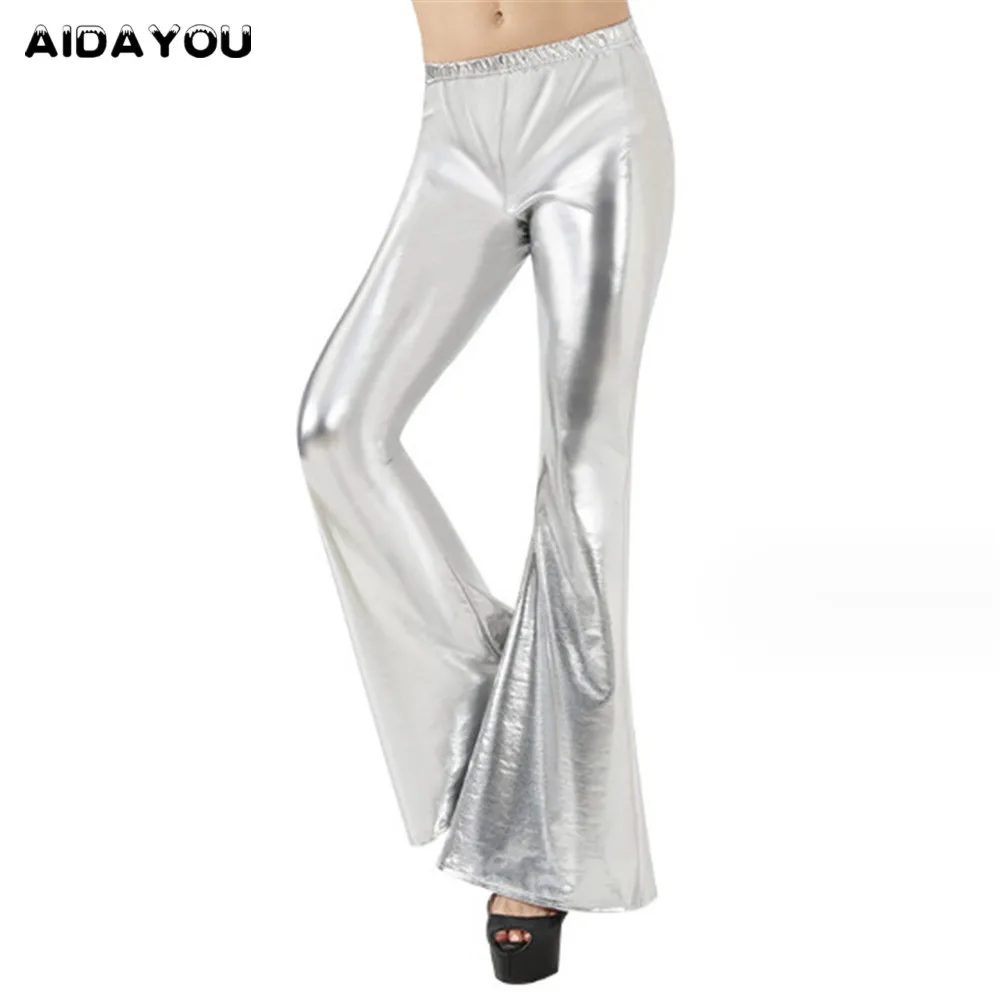 Women\'s Metallic Shinny Flared Pants Sequins High Waist Stretchy Bell Bottom Flare Pants Tall Girl  Disco Wide Leg