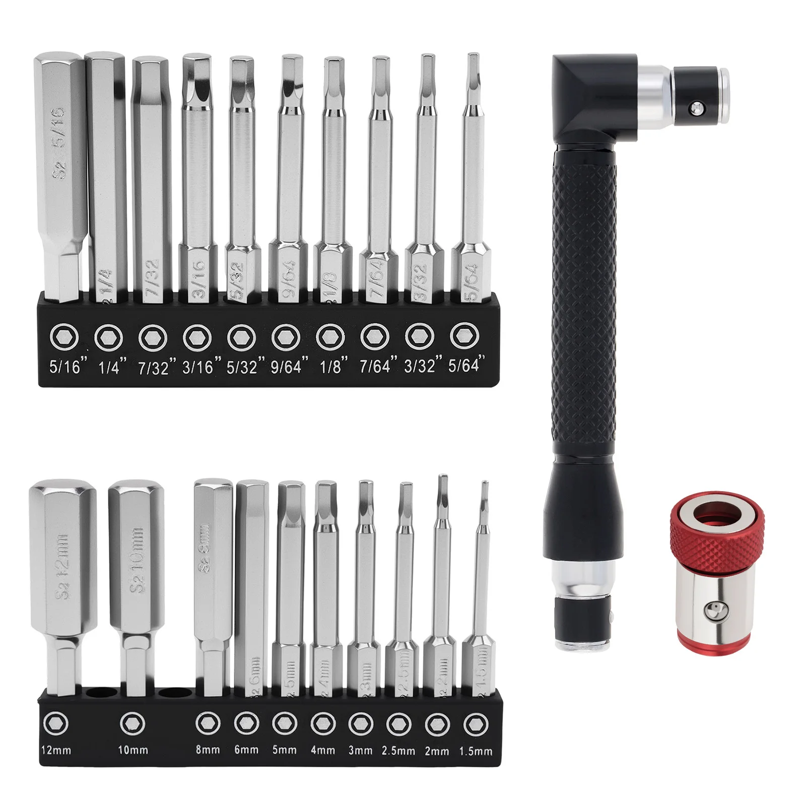 

Allen Key Screwdriver Bit Set 1/4 inch Hex Shank Metric Steel Allen Wrench Drill Bit Angle Screw Driver Bit Holder Magnetic Ring