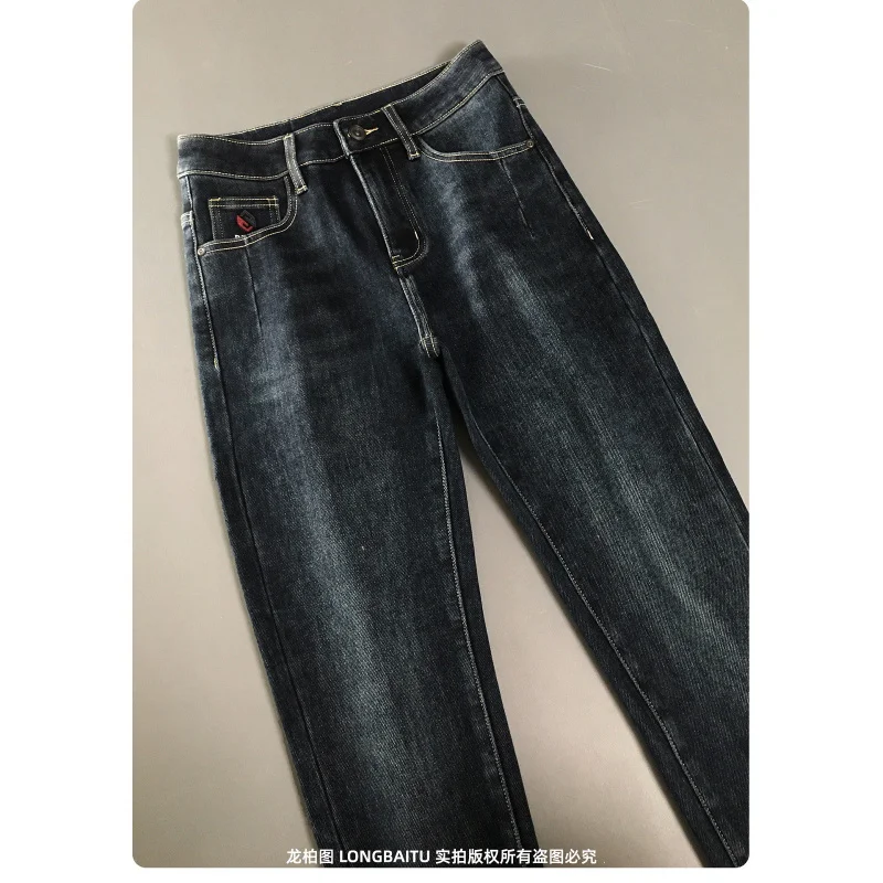 Winter thin fleece jeans for men 2025 new style brushed fleece warm slim fit small feet light luxury high-end minimalist pants