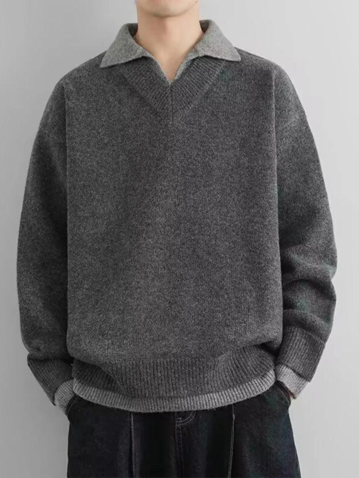 

Thiened Autumn Winter Men's V-ne Knitted Sweater Pure Color Casual Versatile Retro Lazy Sle Color Sweater