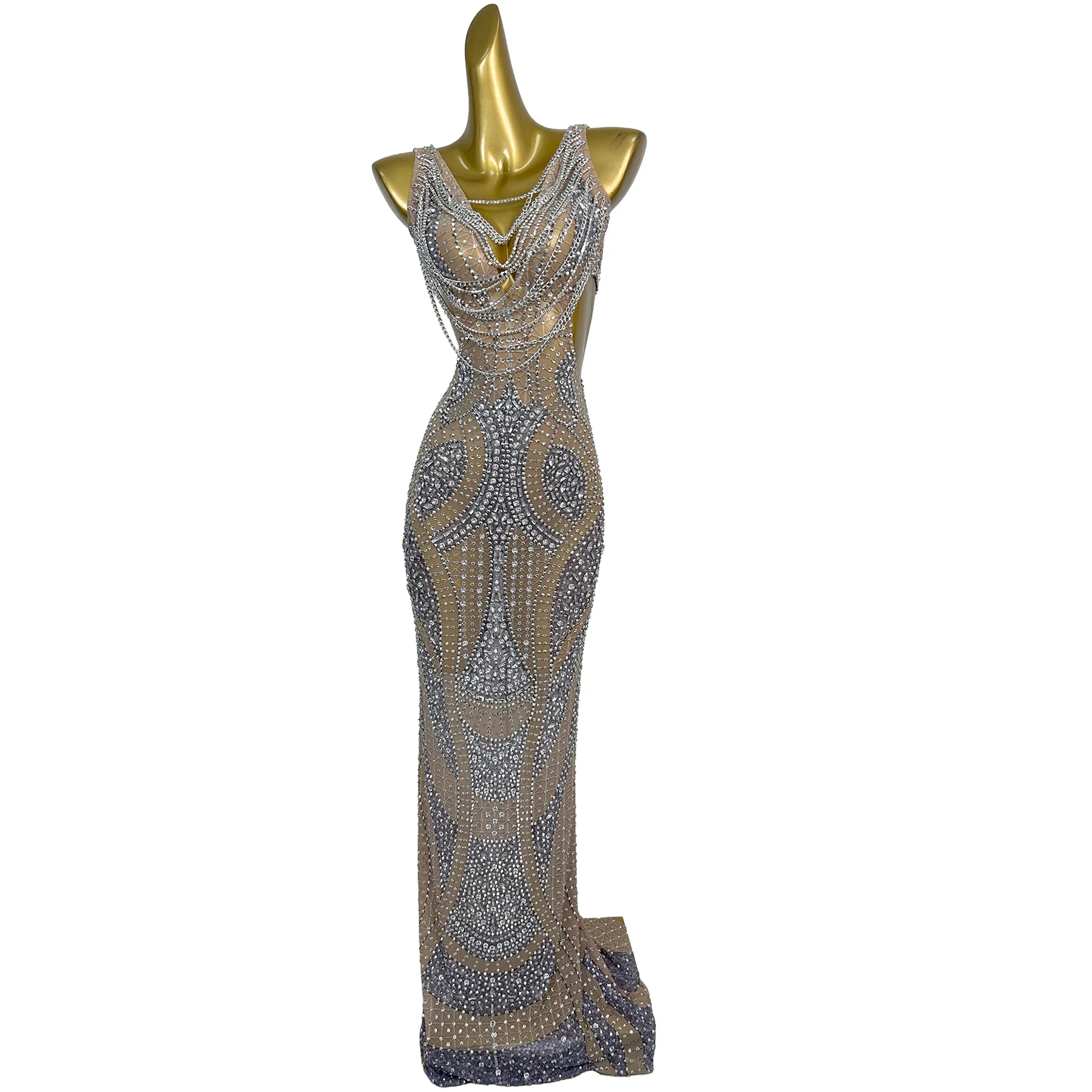 Suolian Luxury Silver Rhinestone Chain Embellished Nude Mesh V Neck Mermaid Evening Dress Formal Party Gown Birthday Dress