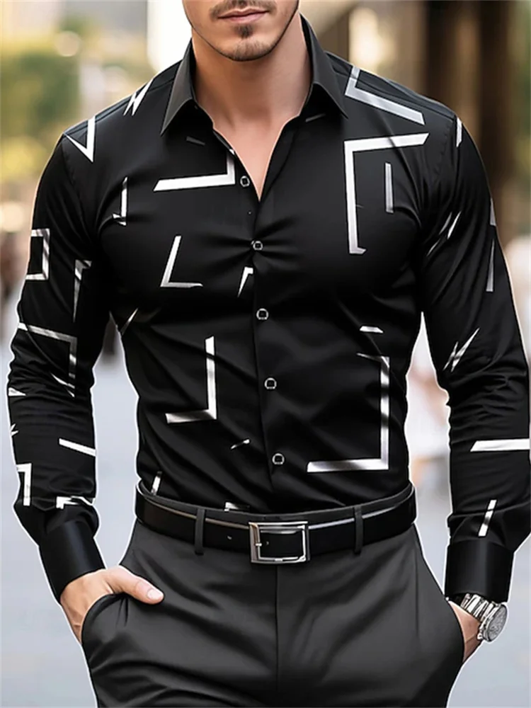 Men's Shirt Black and White Casual Outdoor Suit Shirt, Geometric Stripes Comfortable Soft Lapel Long Sleeve Men's Shirt, XS-6XL