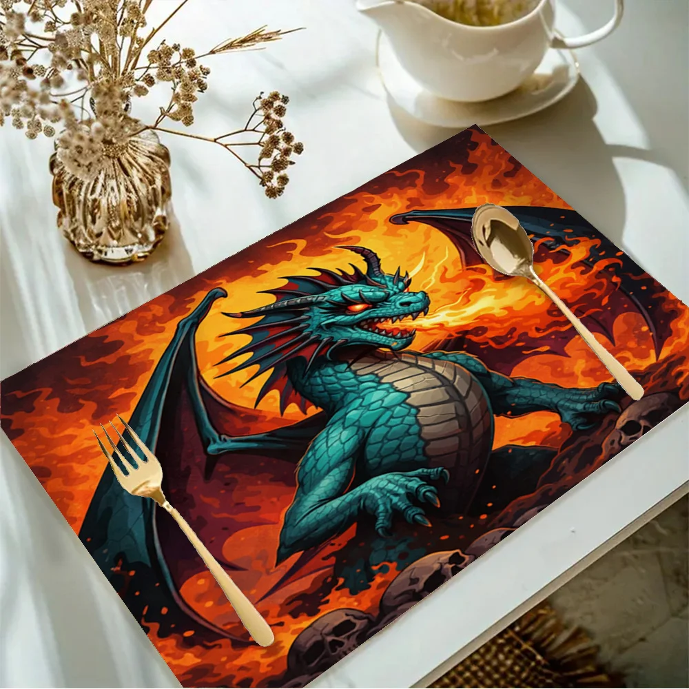 1 pc Fire Dragon Personality Square Placemats for Kitchen Dining Table Coffee Table Home Decoration, Holiday Party Gift