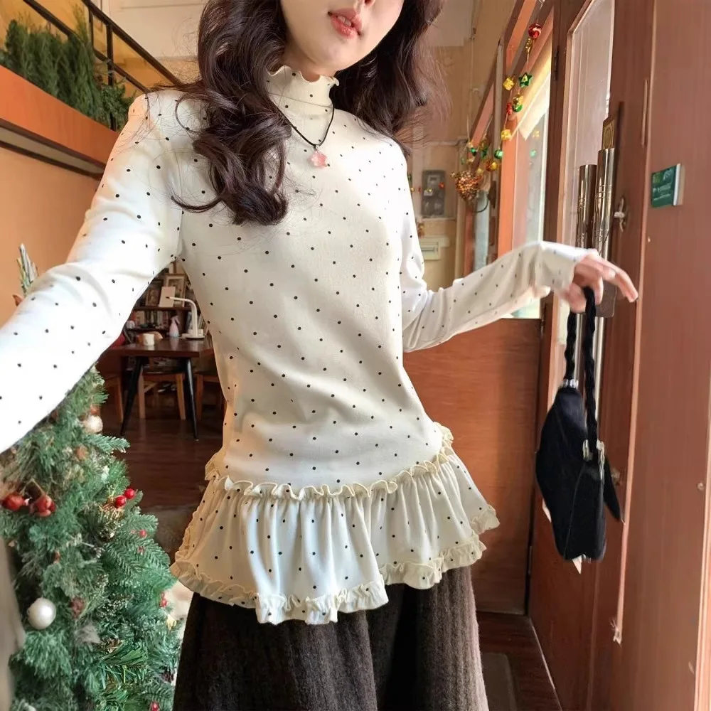 

2026 Polka Dot Fungus Edge Semi-turtleneck Bottoming Shirt Spring Women's Long-sleeved Top