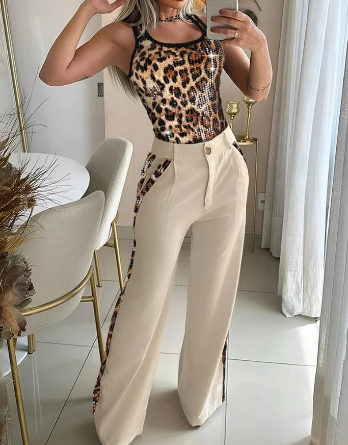 Women's Casual Trousers Outfits New Fashion 2 Piece Leopard Pattern Contrast Sequin Thick Strap Tank Top & Wide Leg Pants Set