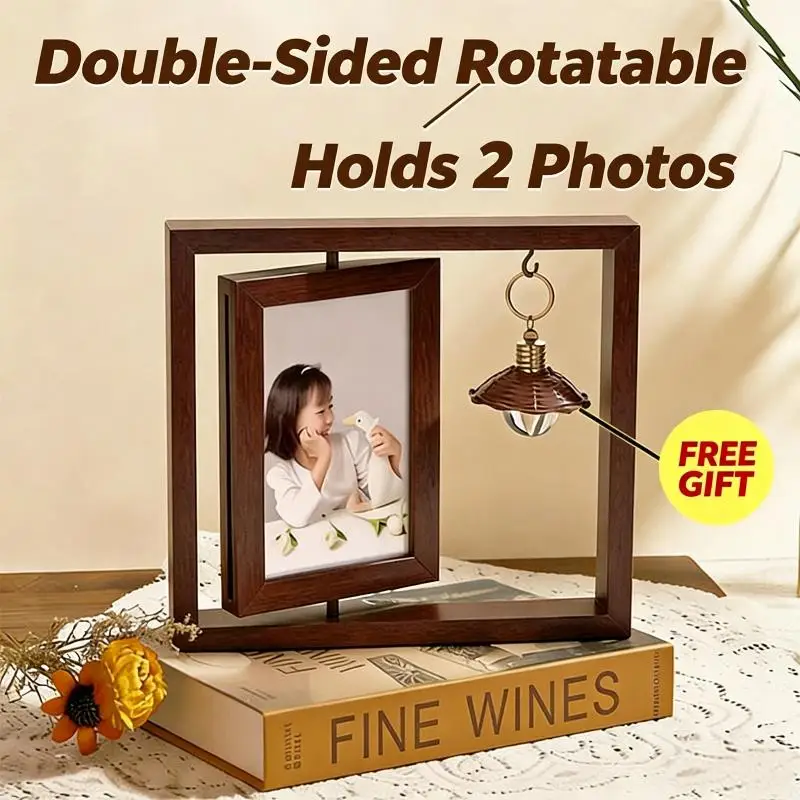 Rotating Wooden Photo Frame Double Sided Display Cute Ornament For Home Office Desktop Bedroom Decor