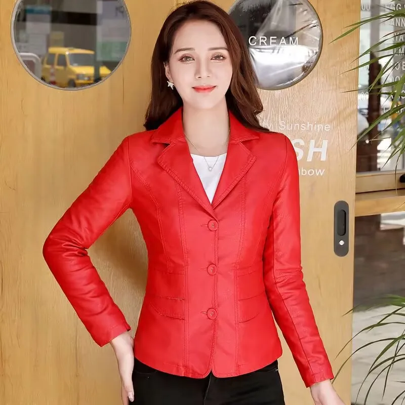 韓国レディーススリムレザージャケット2025秋新作ファッションショートモーターサイクルブラックハイエンドスーツジャケット女性用