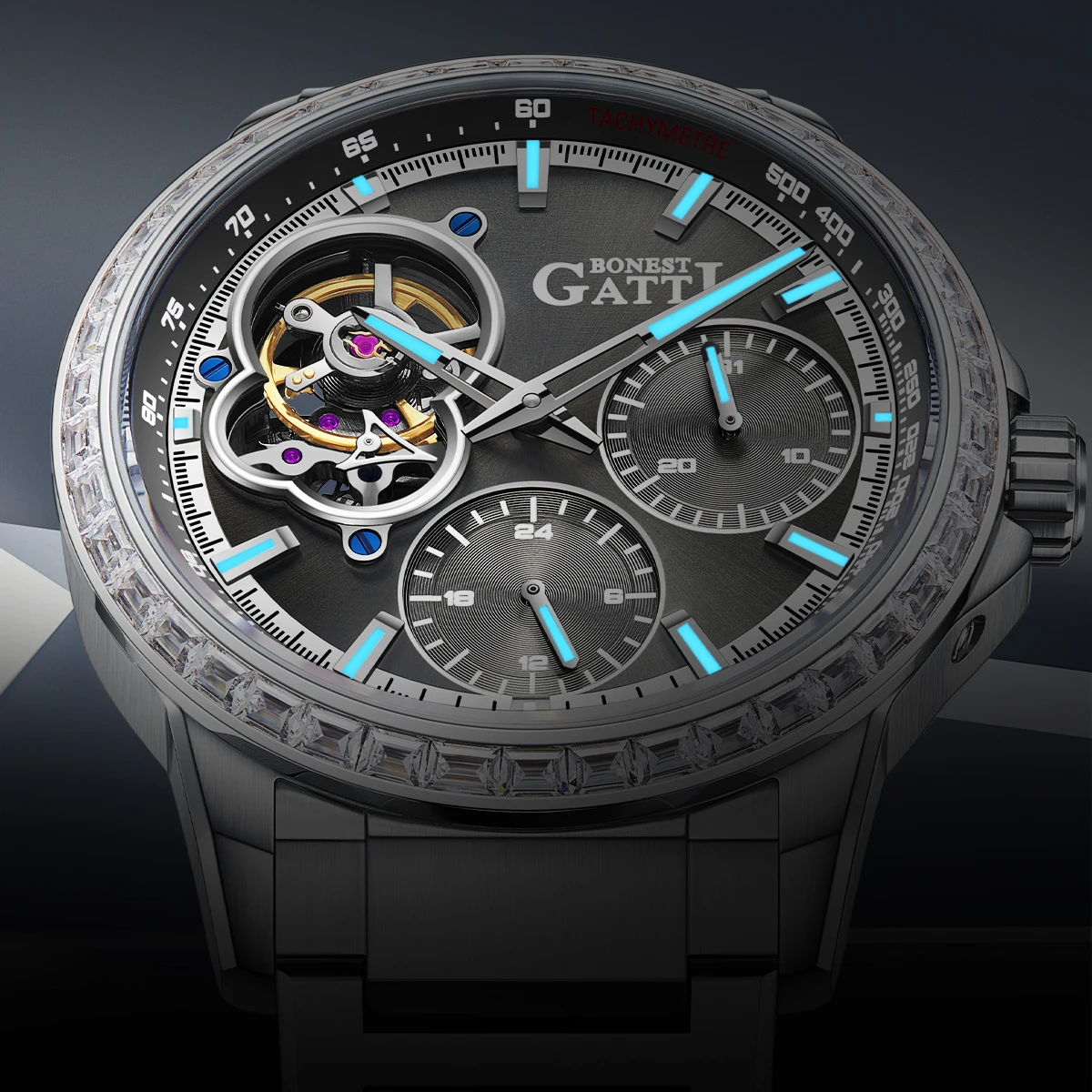 

BONEST GATTI Men's Automatic Mechanical Watches German Man Automatic Watch 42mm Skeleton Dial Multifunction Watch for Men