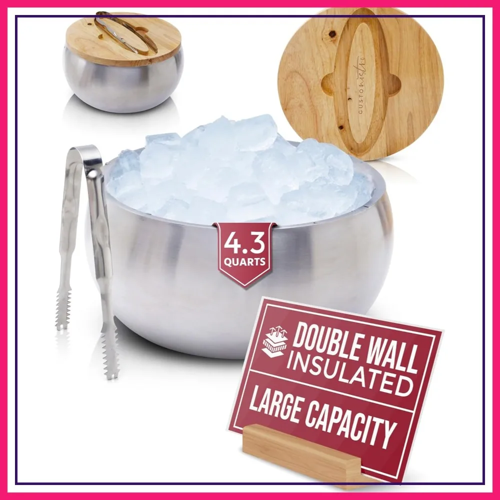 

4.1L Double Wall Stainless Steel Ice Bucket with Lid and Tongs, Large Insulated Bucket for Cocktail Bar, Keeps Champagne, Wine, Beer Chill