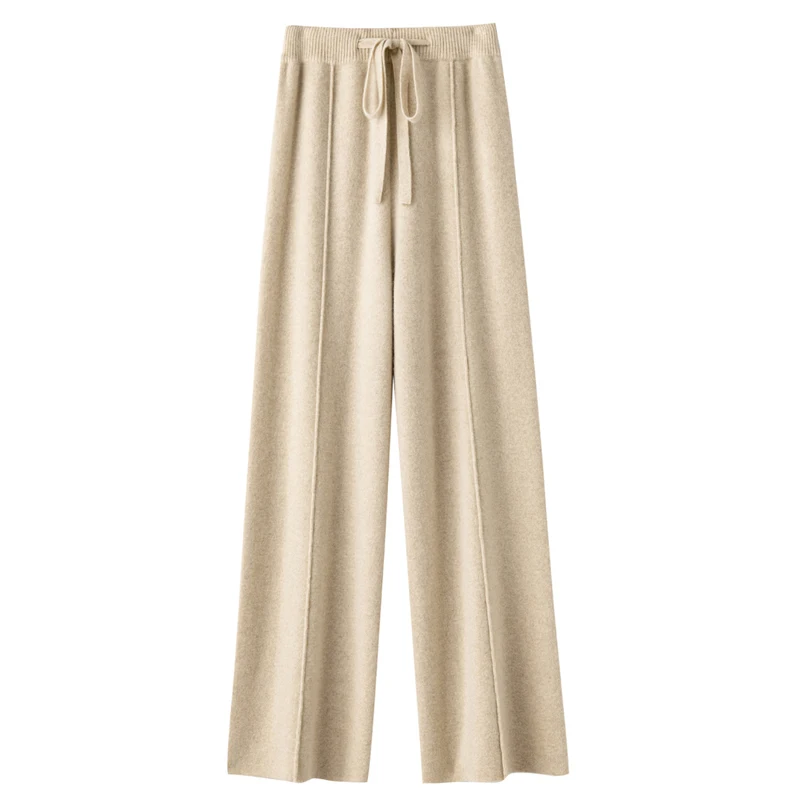 Pantaloni a gamba larga autunno inverno da donna tubo dritto elastico a vita alta con coulisse pantaloni Casual in lana pantaloni lunghi fino al