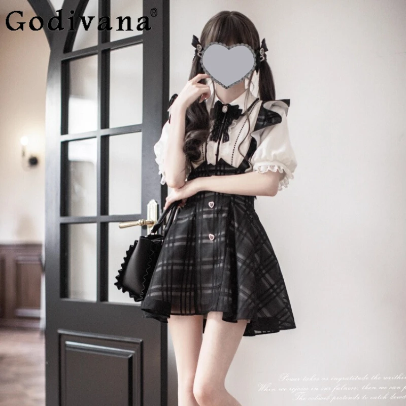 

Original Mine Mass-produced Gothic Plaid Strap Skirt + Short-sleeved Shirt 2-piece Set Subculture Y2k Womens Lolita Outifits