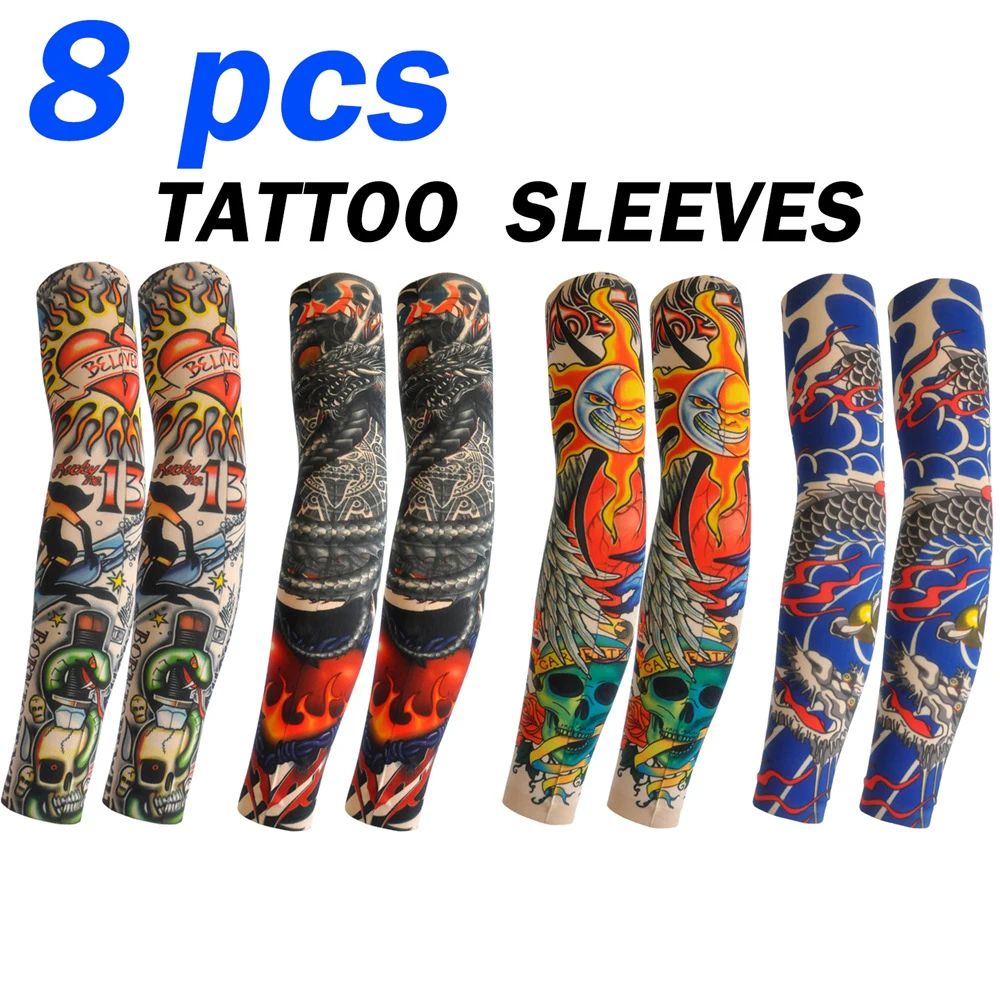 8 PCS Tattoo Arm Sleeves Men Women Cycling Fishing Seamless Breathable Themed Party Outdoor Stretchy Sports Fake Tattoo Sleeves