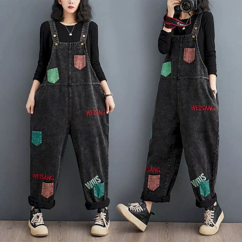 Tute in Denim per donna pagliaccetti in stile coreano Casual Vintage salopette pantaloni dritti colori a contrasto Patchwork abbigliamento donna