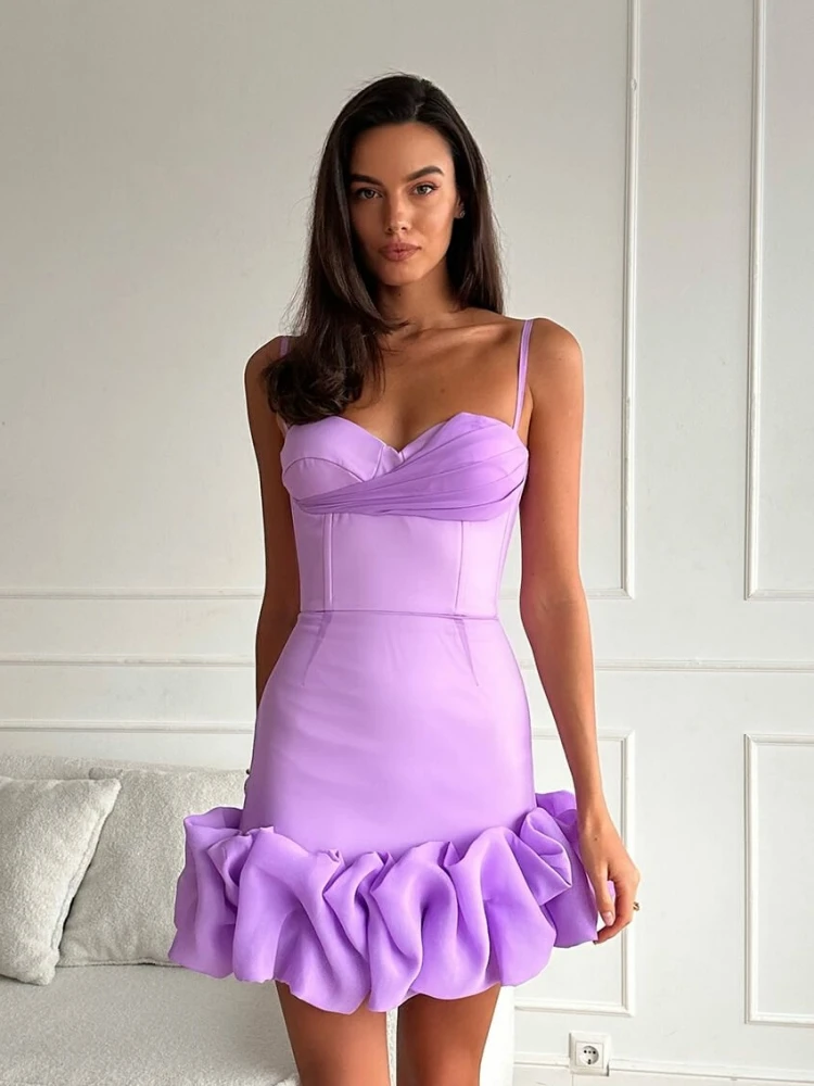 Sexy Spaghetti Strap Lace Mesh Ruffle Edge Mini Dress Women Violet Pink Sleeveless Ruffled Slim Stain Dress Prom Cocktail Dresse