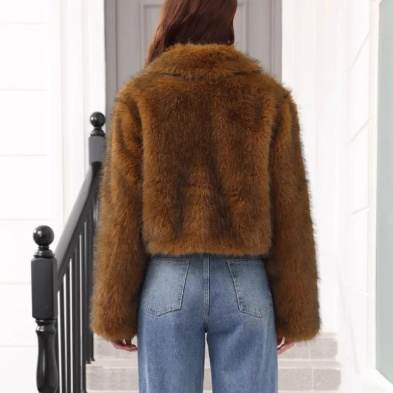 2025 겨울 여성용 인조 여우털 롱 슬리브 턴다운 칼라 코트, 따뜻한 솔리드 컬러 인조 모피 루즈핏 코트, 퍼 탑