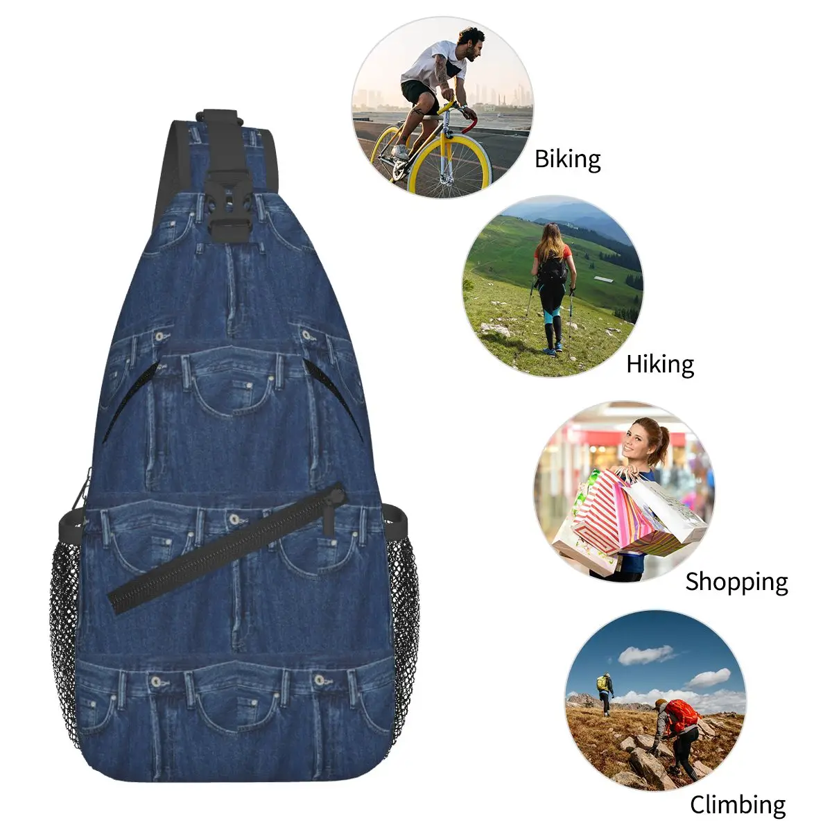 Blue Denim Classic Jeans Texture Chest Bag Men Sling Crossbody Backpack Chest Bag Travel Hiking Daypack Shoulder Bag 5