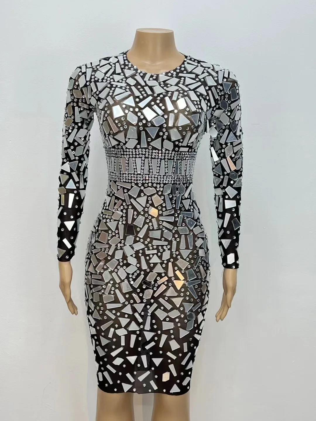 Silver Rhinestones Mirrors Black MeshTransparent Dress Women Birthdav EvenincCelebrate See Through Singer Outfitjingpian  C070