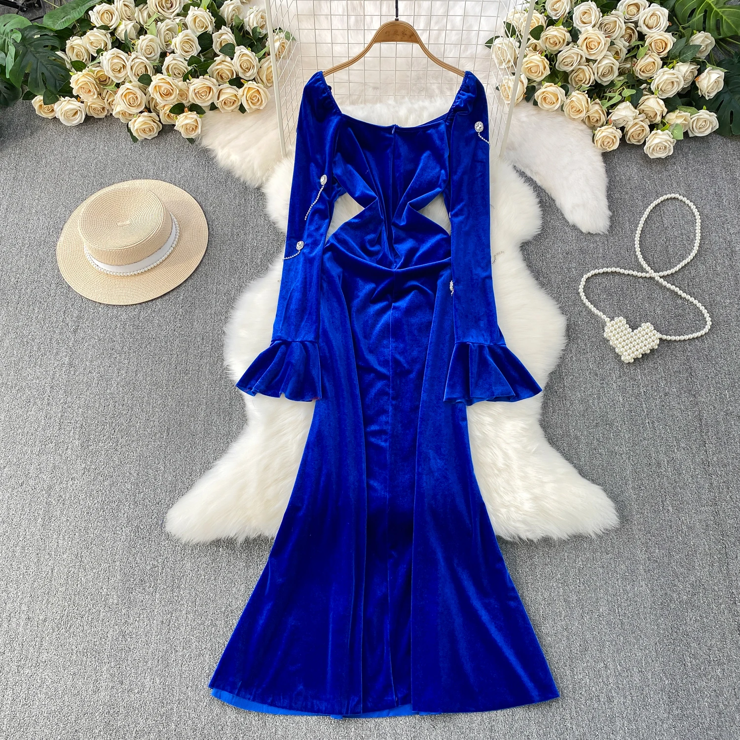 أنيقة خمر مضيئة الأكمام تقسم طويلة الأكمام أنيقة الجنية الكورية أزياء الخريف فستان الشمس النساء الملابس