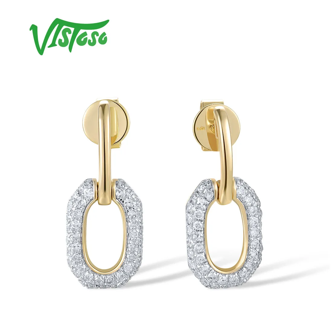 VISTOSO Pure 14K 585 Yellow Gold Stud Earrings For Women Sparkling Genuine Diamonds Dangling Geometric Fine Trend Jewelry