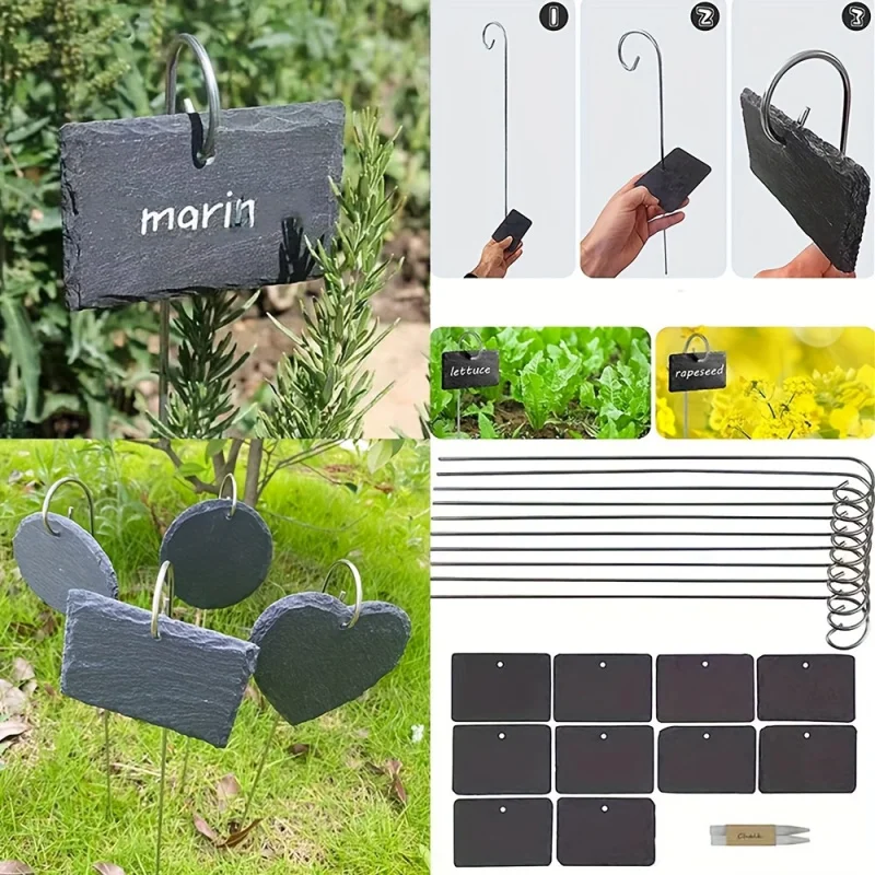 10pcs Black Slate Plant Markers |   Stainless Steel Rods |   Indoor/Outdoor Garden & Patio Decor