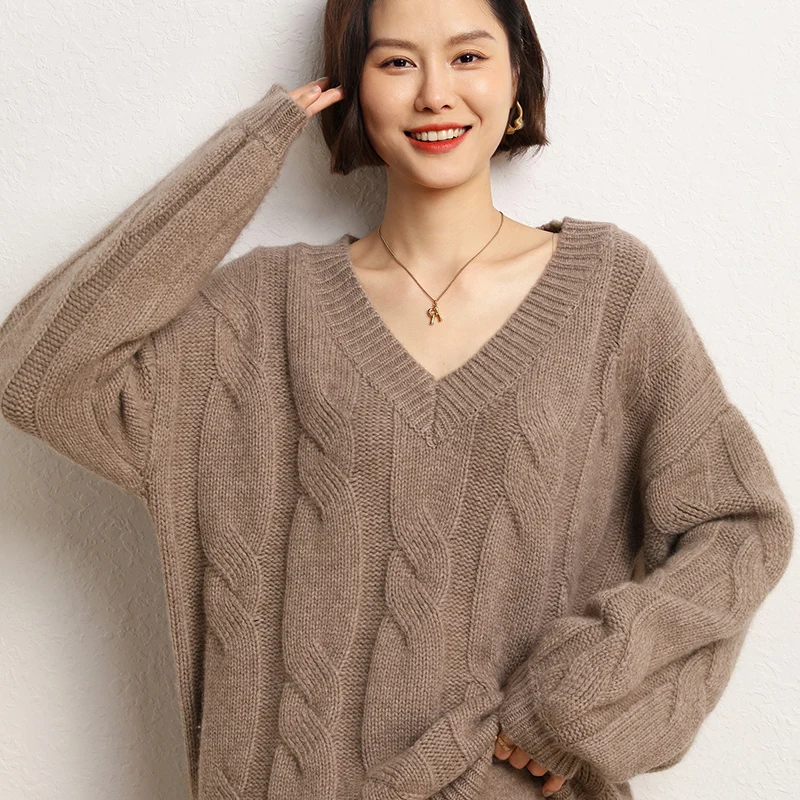 Hot Sale 2022 Autumn Winter 100% Pure Cashmere Sweater V-Neck Women\'s High Quality Soft Female Loose Thickened Knitted Jumper