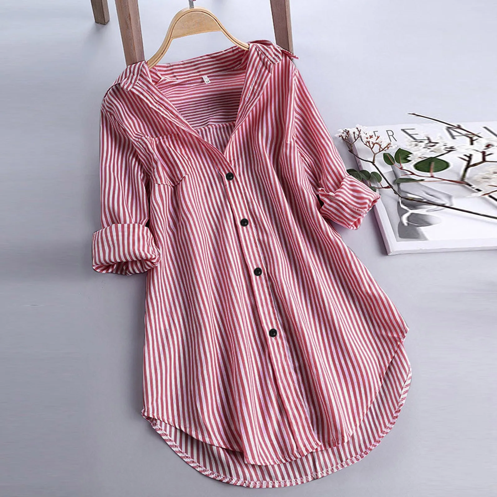 Women's Striped Printing Turn-down Collar Long Sleeved Button Loose Fitting Shirt Tops Simplicity Leisure Female Blouses