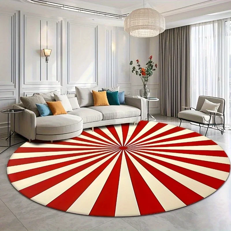 Red And White Striped Round Rug Flannel Modern Minimalist Living Room Bedroom Decor Floor Mat Geometric Pattern Home Decoration