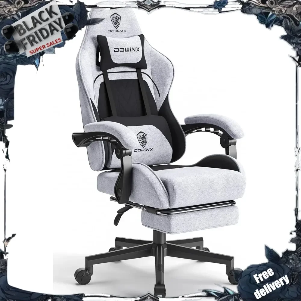 Gaming Chair Fabric with Pocket Spring Cushion, Massage Game Chair Cloth with Headrest, Ergonomic Computer Chair