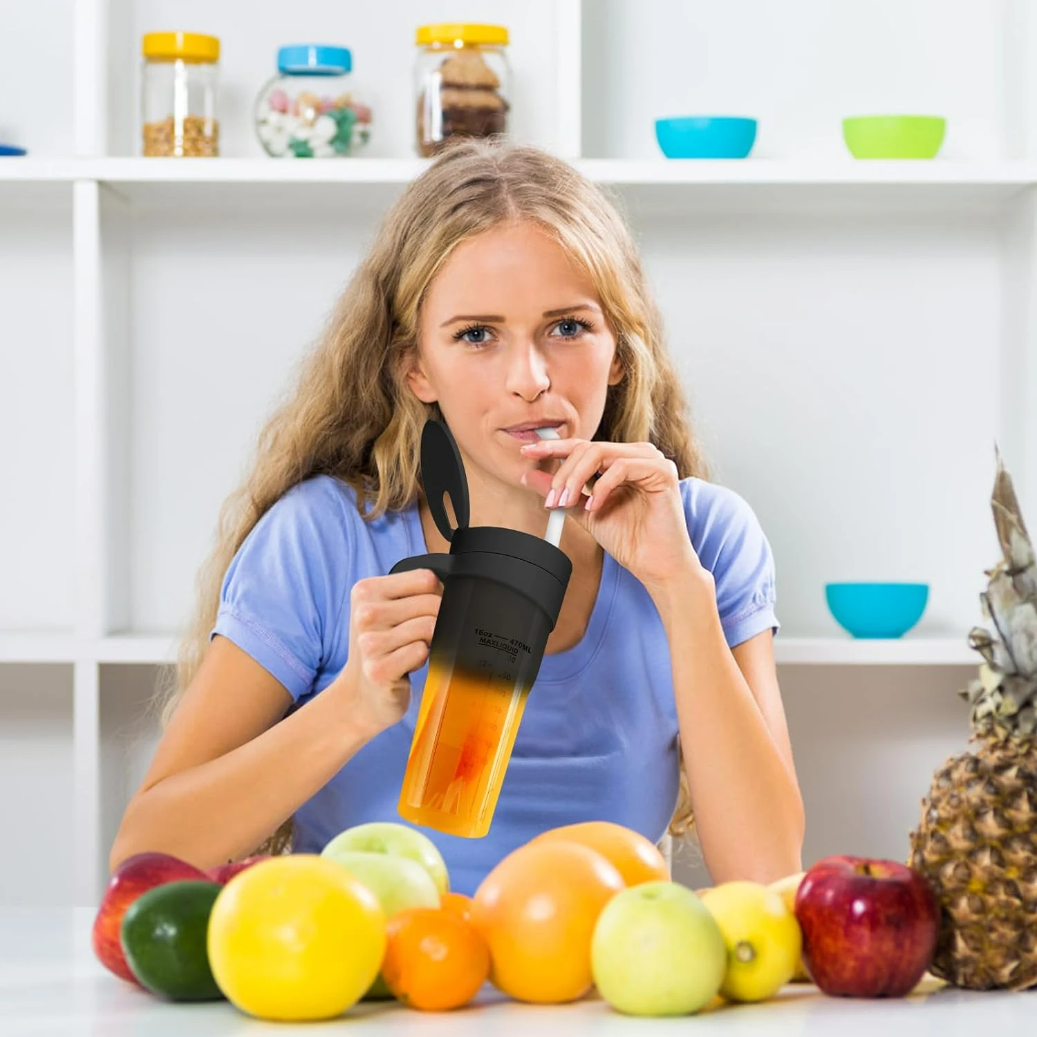 Compact Portable Black Smoothie Maker Blender with 6 Detachable Blades, USB Rechargeable Personal Size 16 Oz Juicer for On-the-G