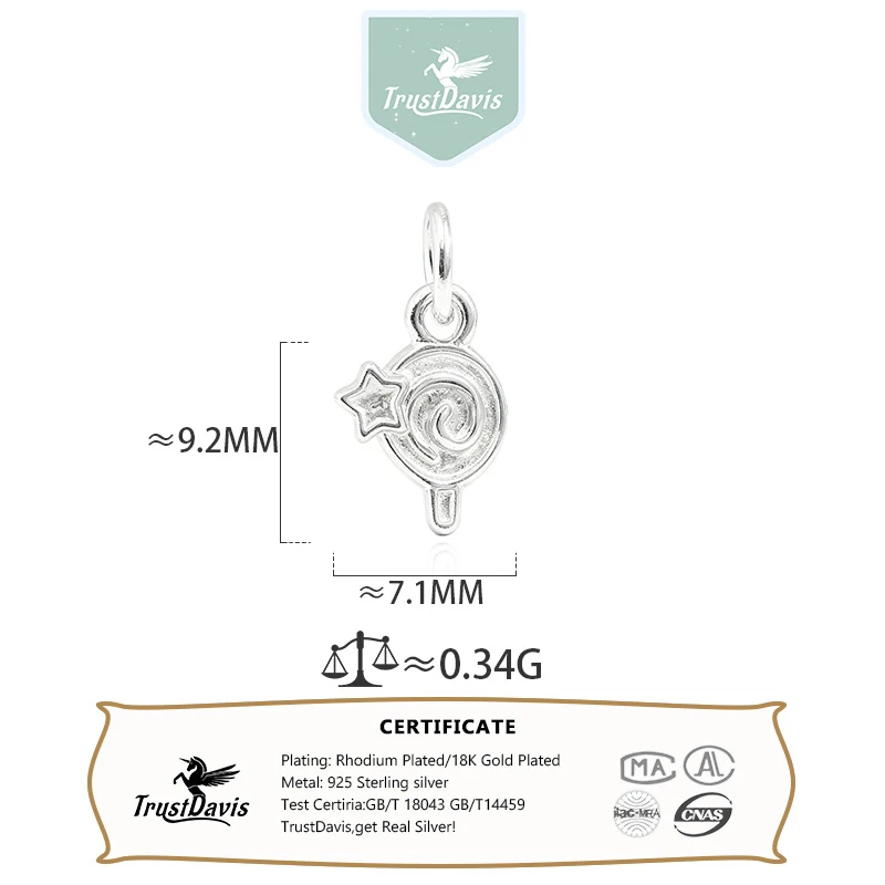 TrustDavis Real 925 Sterling Silver Cute Five-Pointed Star Candy Pendant DIY Accessories Fine Jewelry Wholesale DZ1832