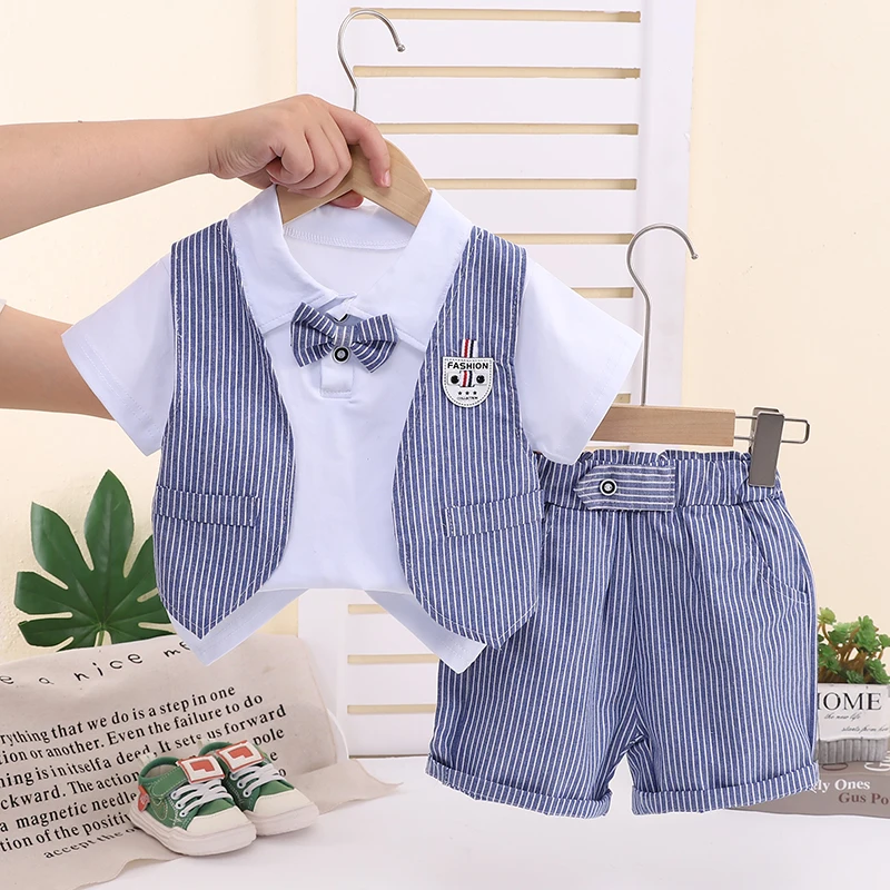 New Summer Children Boys Clothes Kids Gentleman Short Sleeve Patchwork T Shirt  Shorts 2Pcs/Sets Toddler Boy Clothing Outfits