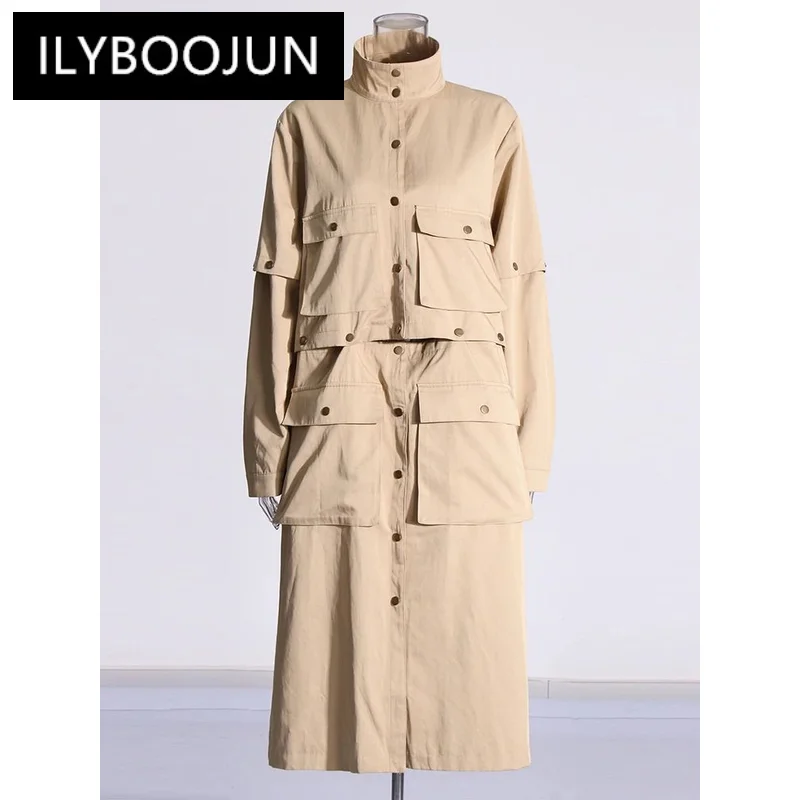 

ILYBOOJUN Solid Spliced Button Loose Trench For Women Lapel Long Sleeve Chic Designer Removable Coats Female Fashion Style