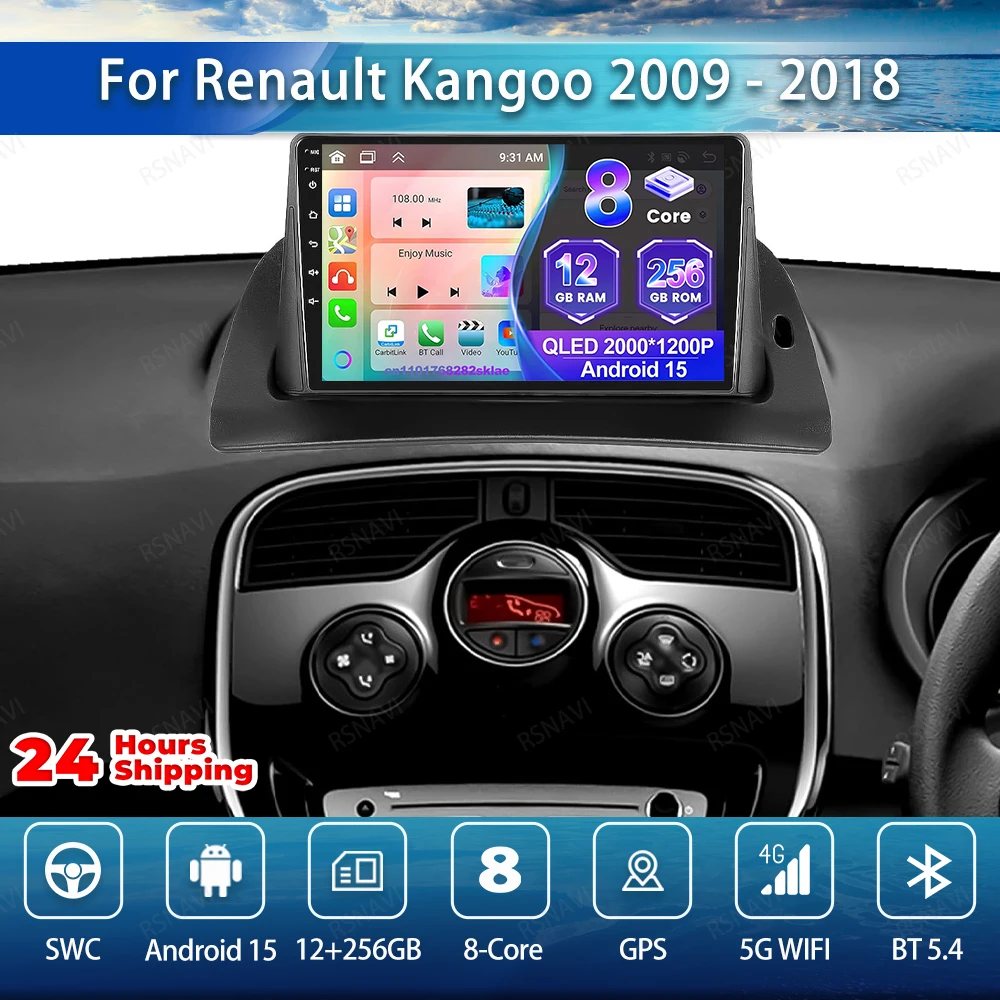 

Автомобильный радиоприемник Android 15 для Renault Kangoo 2009 2010-2018 систем авторадио QLED NO 2DIN 9/10 дюймов Snapdragon Qualcomm BT