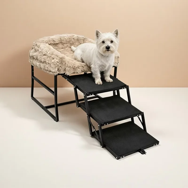 Foldable 2 in 1 Dog Ramp and Elevated Bed with Removable Plush Pads Pet Stairs for Small Dogs Cats Puppies Indoor Outdoor Use