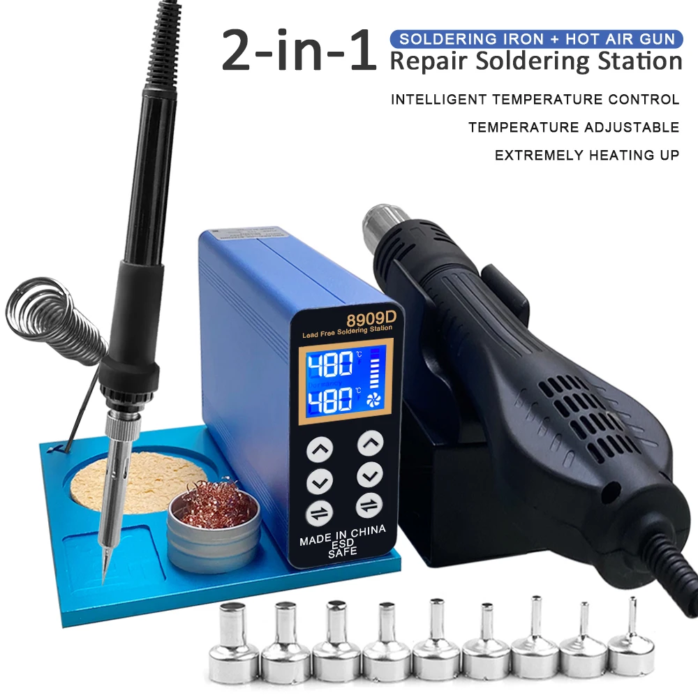 8909D 2 in 1 soldering station Hot Air Gun Electric Soldering Iron BGA Repair Tool  Nozzles  SMD BGA Rework Welding Station