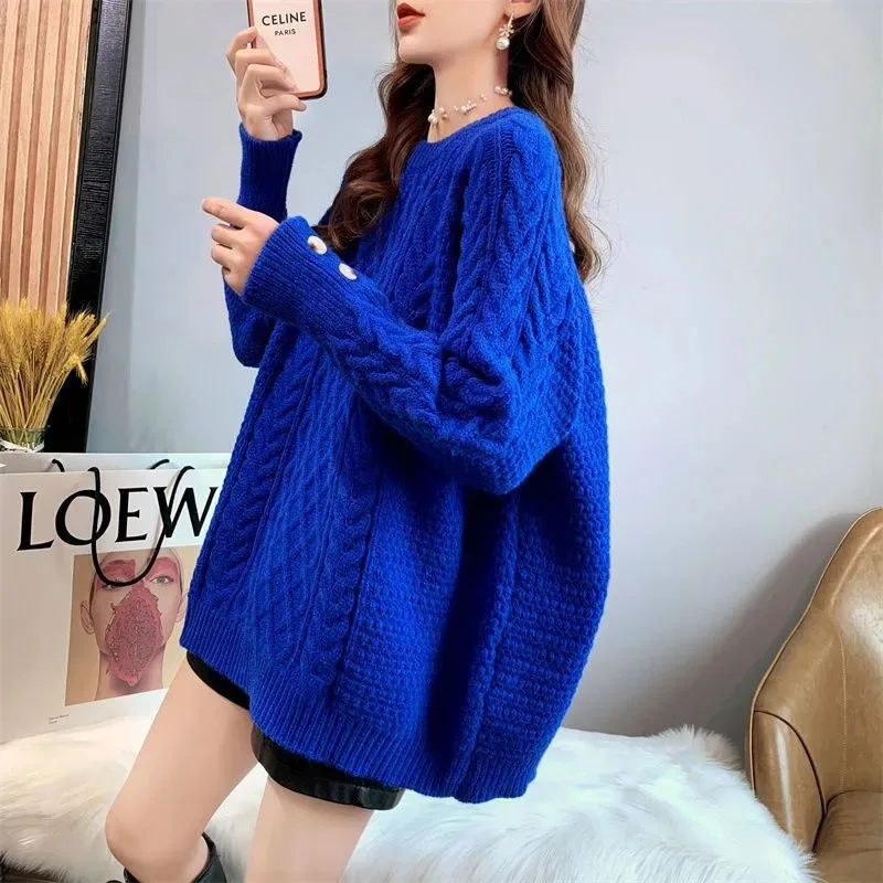 

New Fashion Women's Pullover Sweater Coat Autumn Winter Knitted Bottom Shirt Casual Loose Female Twist Sweaters Outerwear Blue