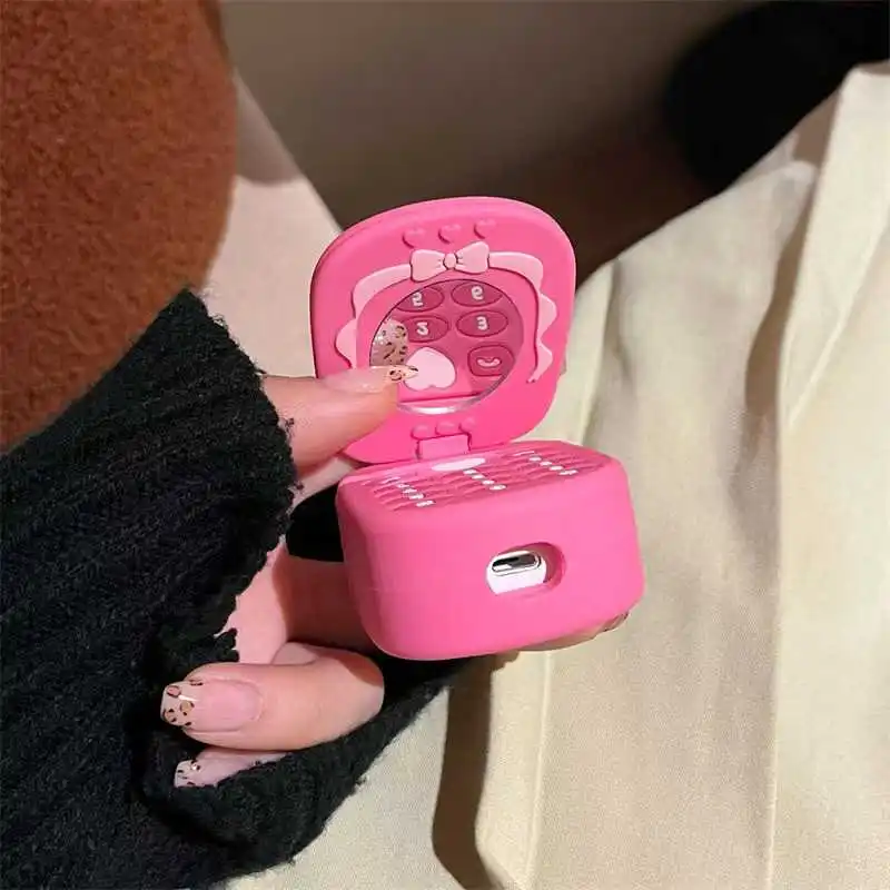 Cute Kawaii Cellphone Model Flip Mirror Silicone Earphone Case for Airpods 4 3 1 Pro 3 2 Air Pods Pro2 Pro3 Headphone Cover