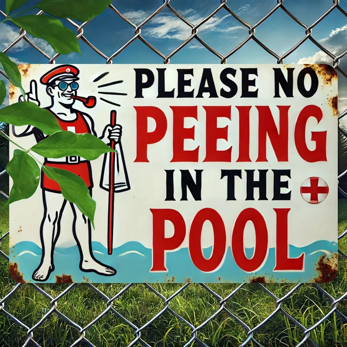 Vintage _Please No Peeing in The Pool_ Metal Sign - 20x30 Cm, Retro Iron Wall Decor with Lifeguard Illustration for Outdoo