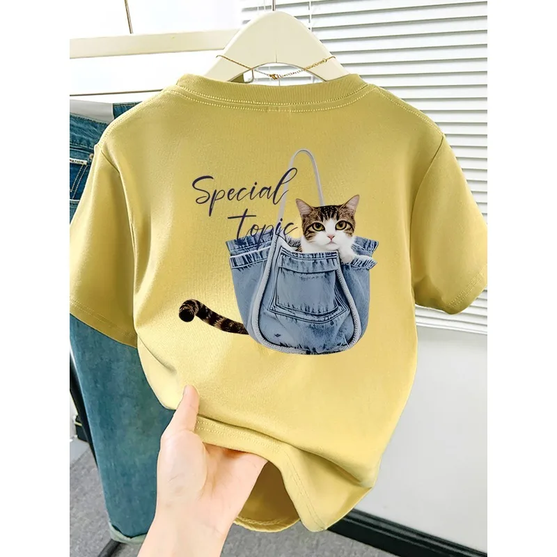 

Korean Ins Style Pure Cotton Children's T-shirt New Denim Bag Cat Print Parent-child Casual Round Neck Short Sleeved Shirt